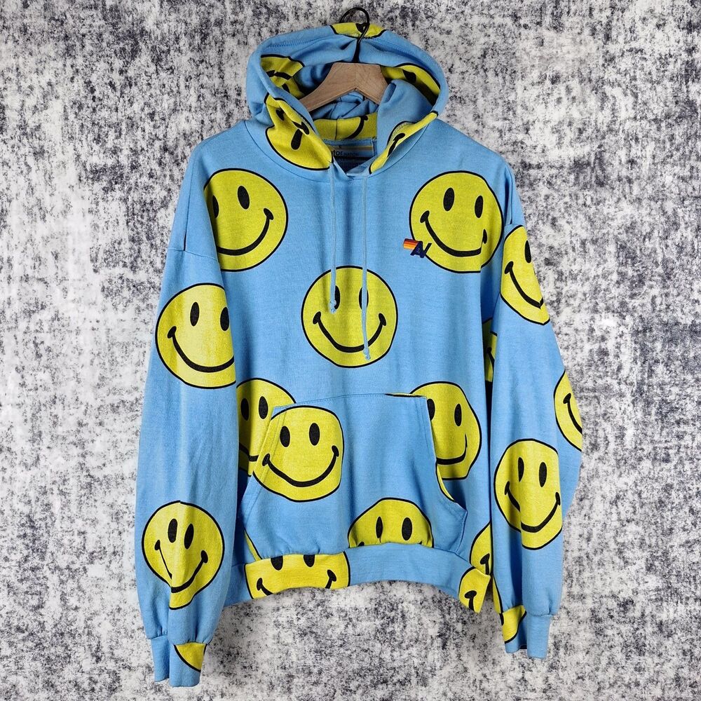 Aviator Nation Smiley Face AOP Relaxed Pullover Hoodie Sky blue Womens M